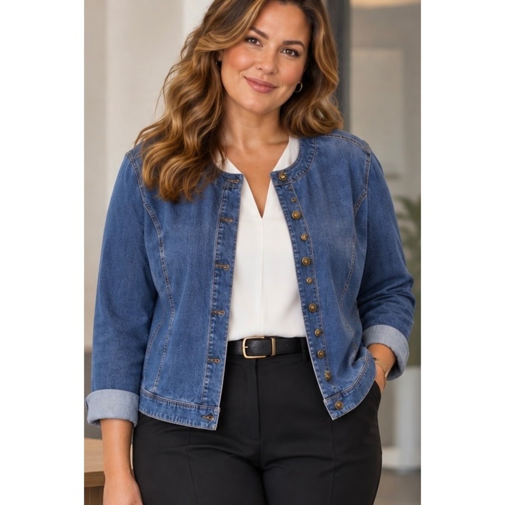 Jessica London Blue Denim Jacket 24W Collarless Button Front Stretch Casual
